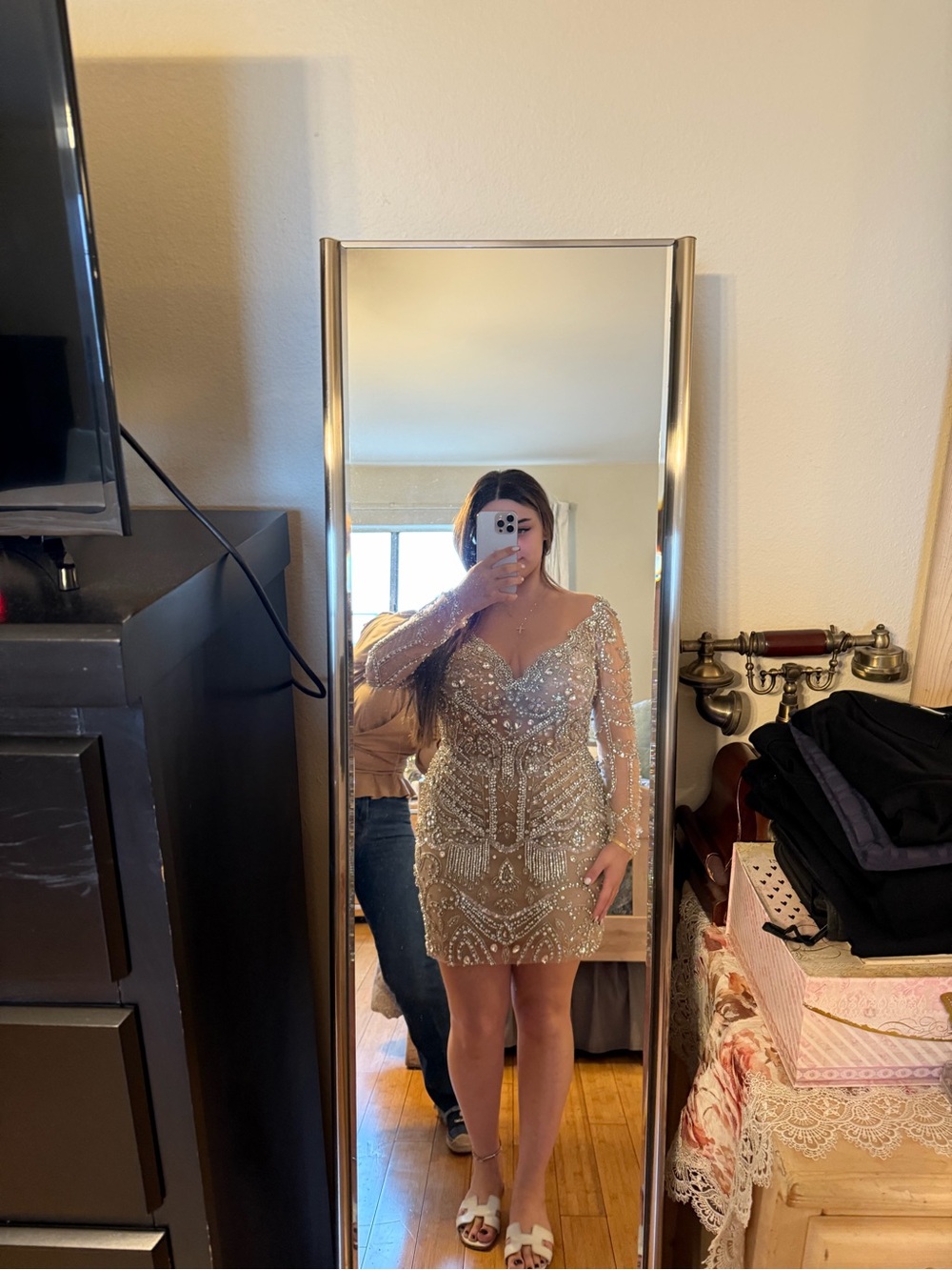 Beaded Champagne Cocktail Dress with Sleeves Worn only once. M\L